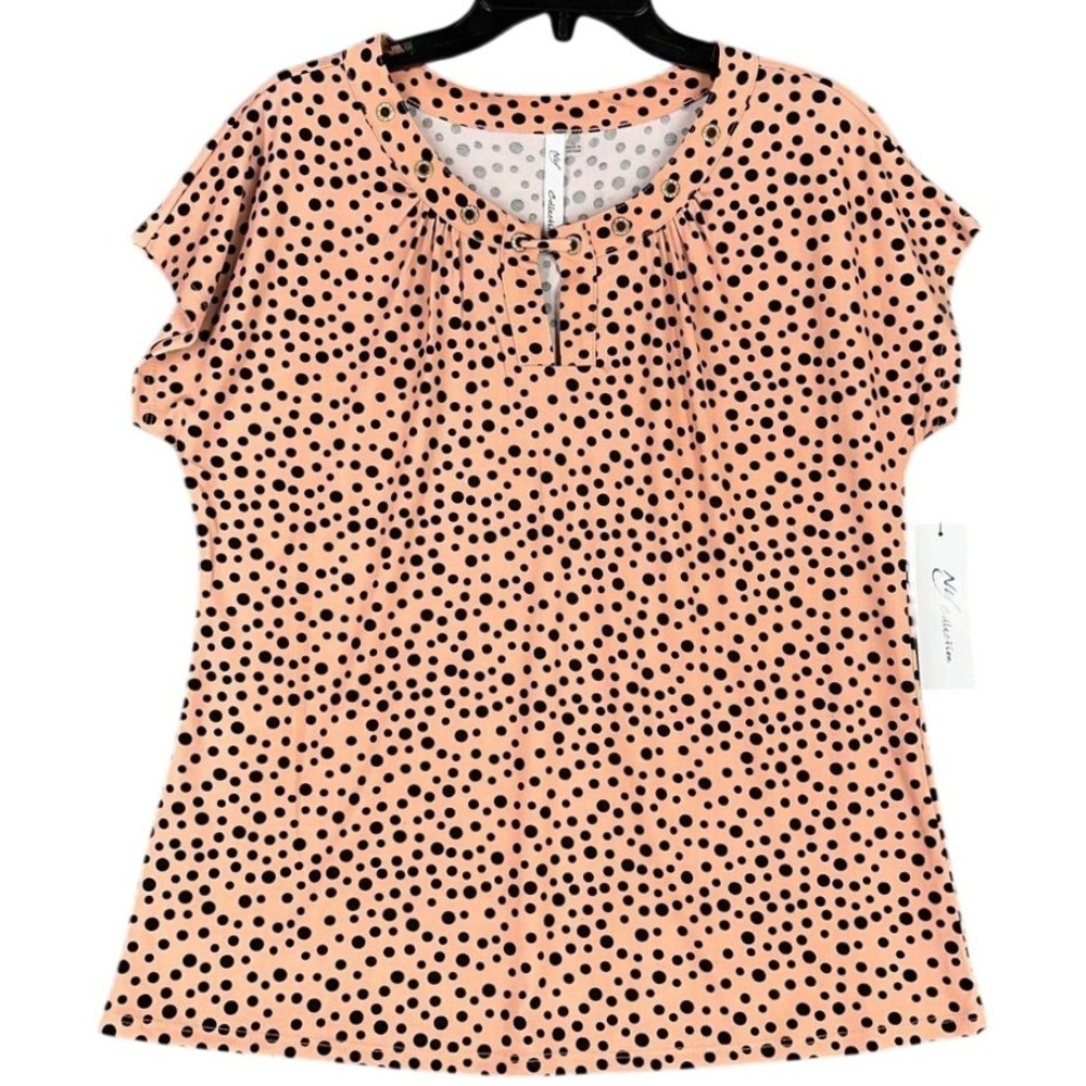 NY Collection Shirt Salmon Blouse‎ Black Polka Dots Fitted Business Womens L